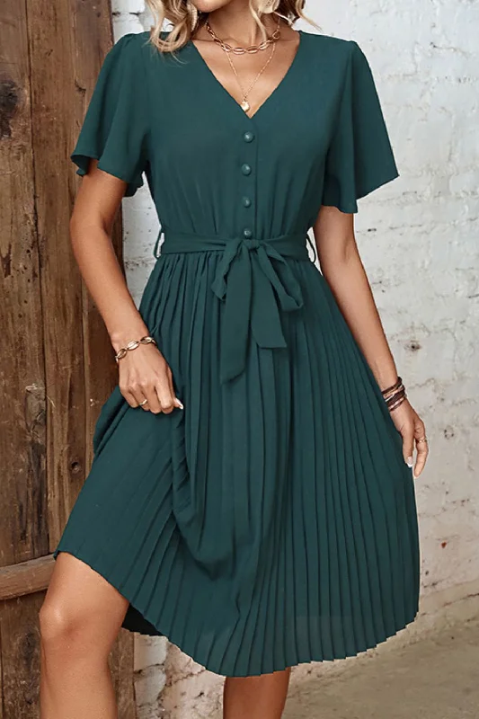 Hurry In Buttoned V-Neck Flutter Sleeve Pleated Dress