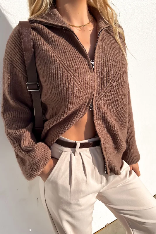 Hurry In Brie Knit Zip Jumper Brown