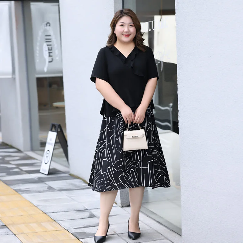 Savings Event Plus Size Shapes Mock 2 Piece Midi Shirt Dress (Extra Big Size)