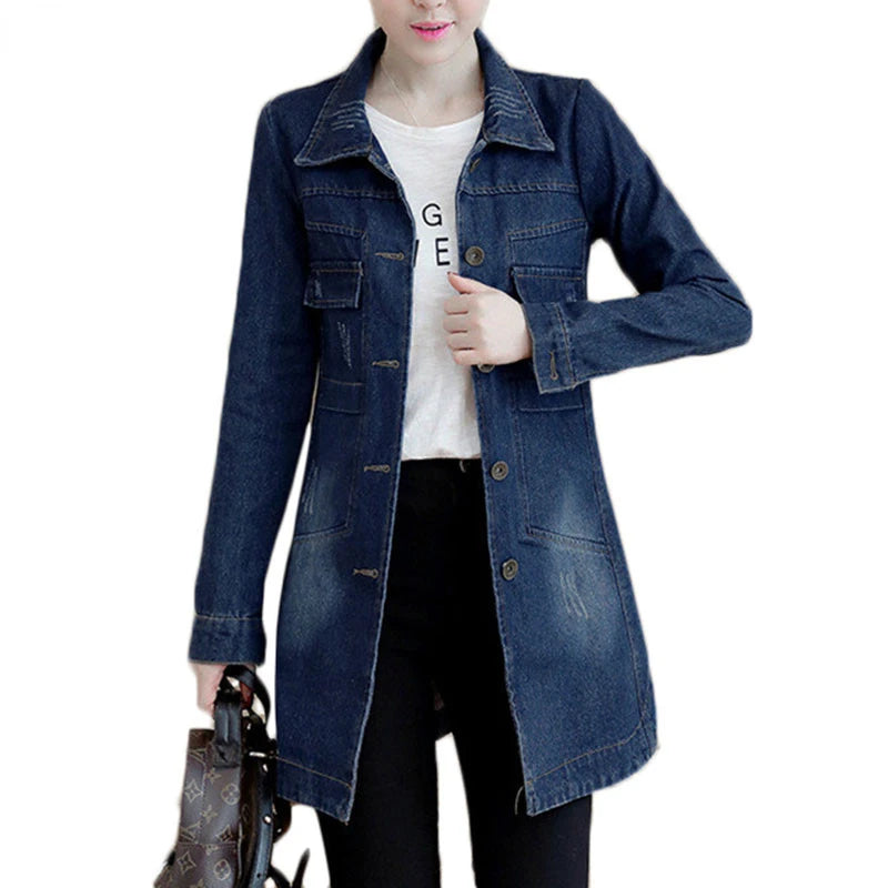 Limited Stock Znbbw Autumn Winter Korean Denim Jacket 5XL Women Slim Long Base Coat Women's Frayed Navy Blue Casual Female Jeans Jackets Coats