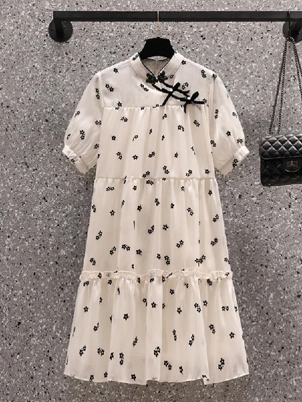 New Deals Plus Size White Floral Babydoll Dress Cheongsam