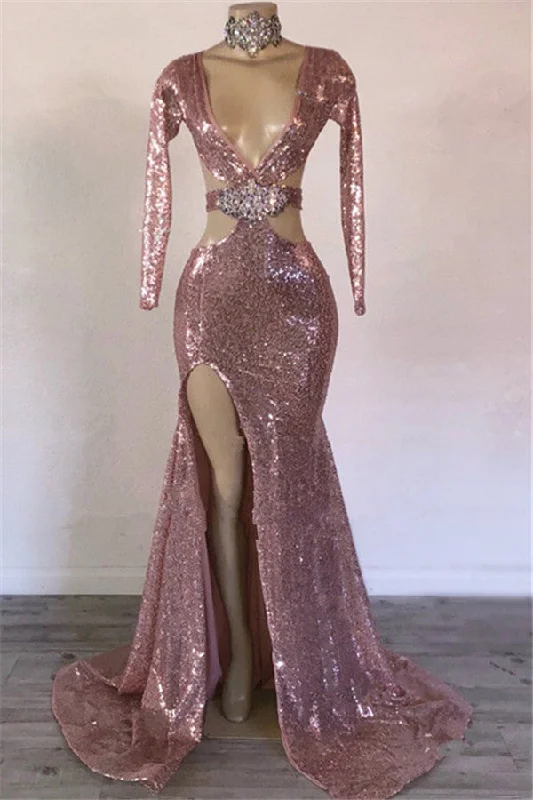 Price Fest Mermaid Gorgeous Sequins V-Neck Long-Sleeves Side-Slit Prom Dresses