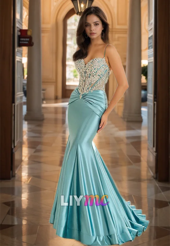 Shop and Save V-Neck Spaghetti Straps Beaded Appliques Pleated Mermaid Prom Dress