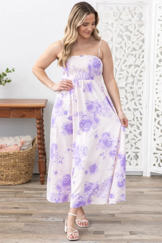 Overstock Lavender Floral Smocked Bodice Maxi Dress