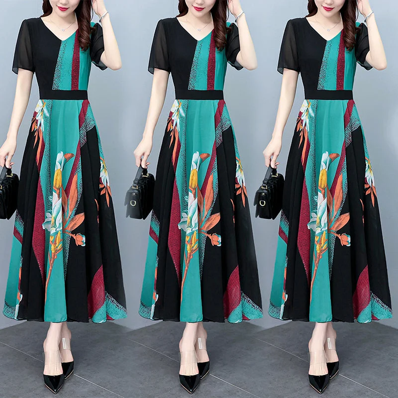 Special Price Plus Size V Neck Print Chiffon Midi Dress