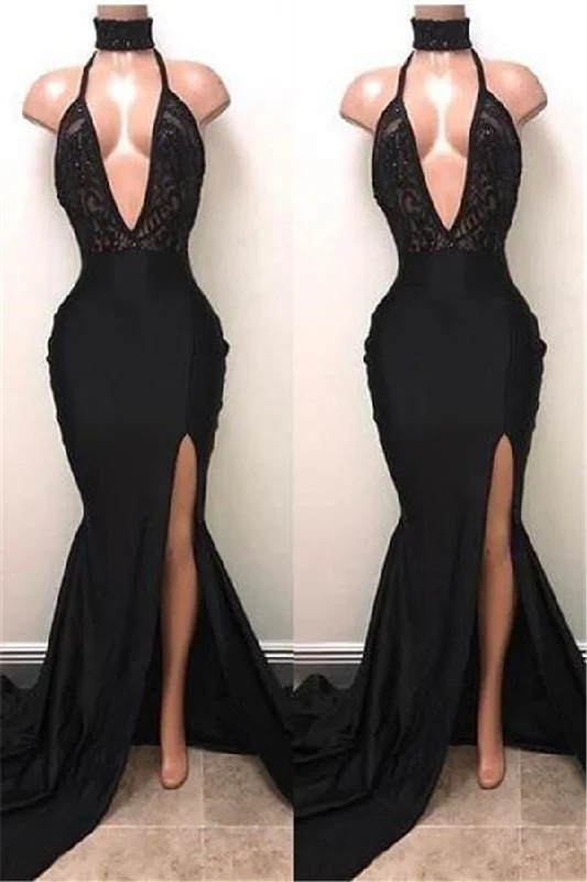 Season Finale Sale Chic Black High Neck Lace Front Split Mermaid Prom Party Gowns