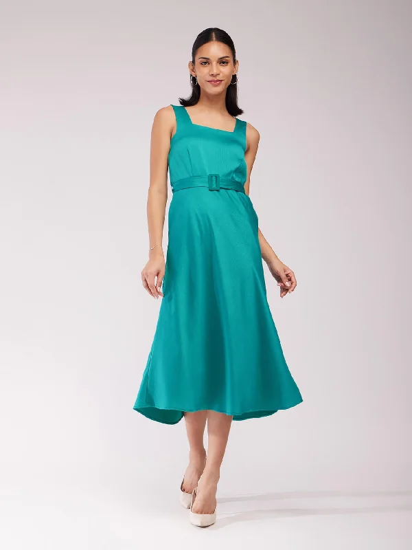 Take Advantage Satin Midi Dress - Teal