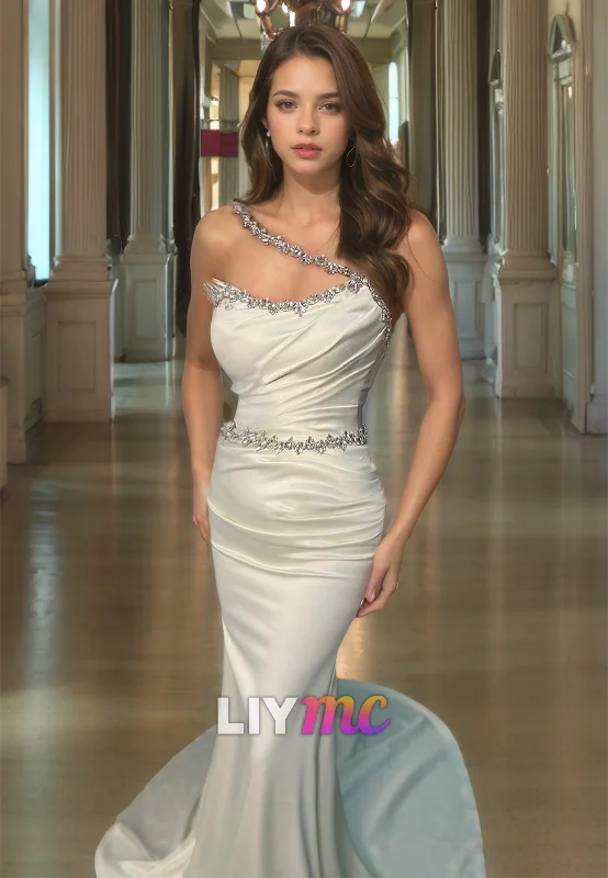 Extra Savings Asymmetrical Sleeveless Sleek Satin Mermaid Simple Prom Dress
