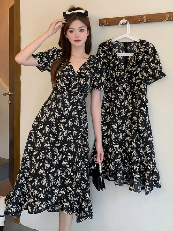 Special Savings Plus Size Black Floral Wrap Short Sleeve Dress