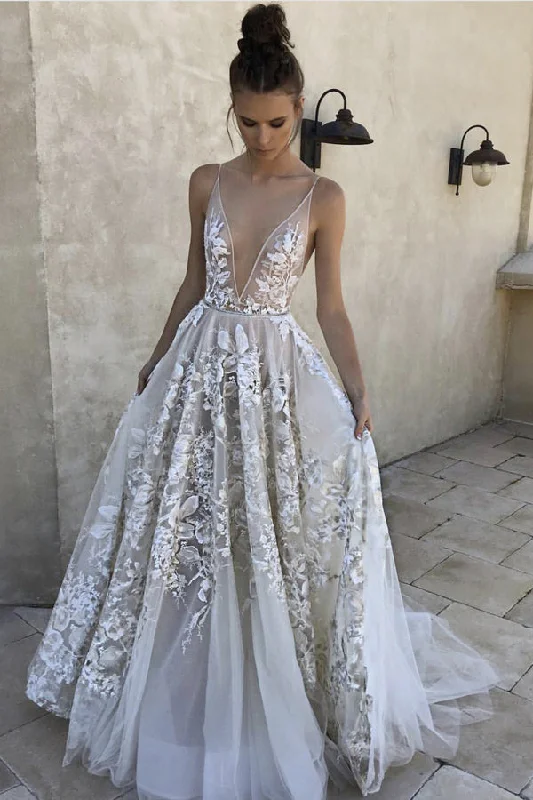 Huge Savings Sexy A Line Deep V-Neck Ivory Tulle Long Prom Dresses with Appliques N689 Huge Savings Sexy A Line Deep V-Neck Ivory Tulle Long Prom Dresses with Appliques N689