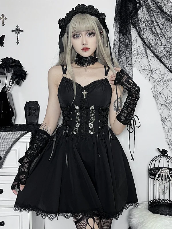 Last Chance Gothic Sexy Black V Neck Lace Up Grunge Punk High Waist Lace Trim Party Dress Last Chance Gothic Sexy Black V Neck Lace Up Grunge Punk High Waist Lace Trim Party Dress