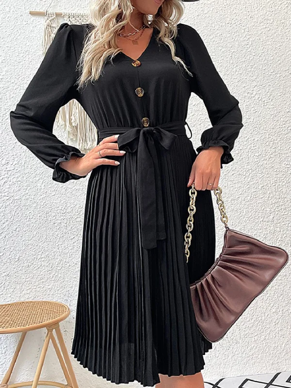 Online Only Decorative Button Belted Puff Sleeve Pleated Dress