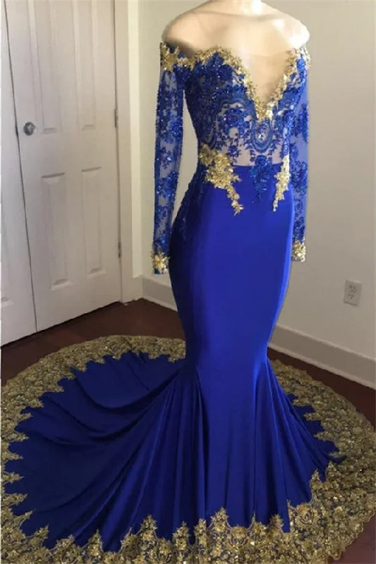 Bonus Savings Off-the-Shoulder Royal Blue Prom Dresses Gold Lace Appliques Chic Evening Dress with Sleeve Bonus Savings Off-the-Shoulder Royal Blue Prom Dresses Gold Lace Appliques Chic Evening Dress with Sleeve