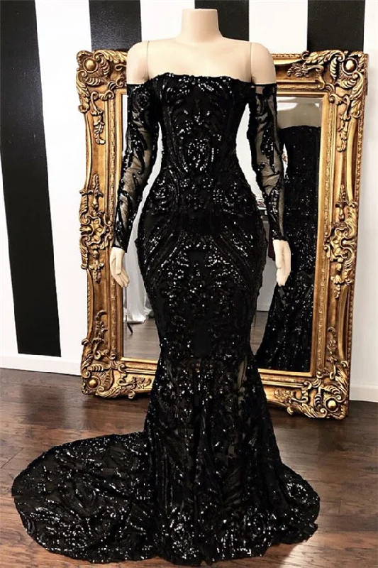 Overstock Long Sleeves Strpless Mermaid Prom Dress Black Sequins Long