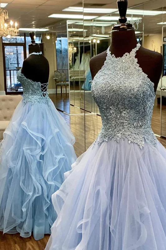 Limited Time Discount Baby Blue Prom Dress A Line Halter Long Party Evening Dress with Appliques Open Back Limited Time Discount Baby Blue Prom Dress A Line Halter Long Party Evening Dress with Appliques Open Back