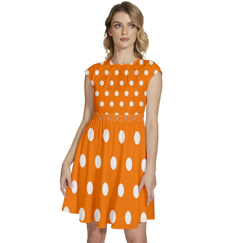 Great Deals Cap Sleeve High Waist Dots Orange Dress