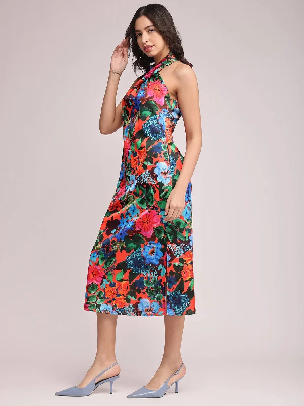 Great Deals Satin Stretch Halter Neck Dress - Orange And Black