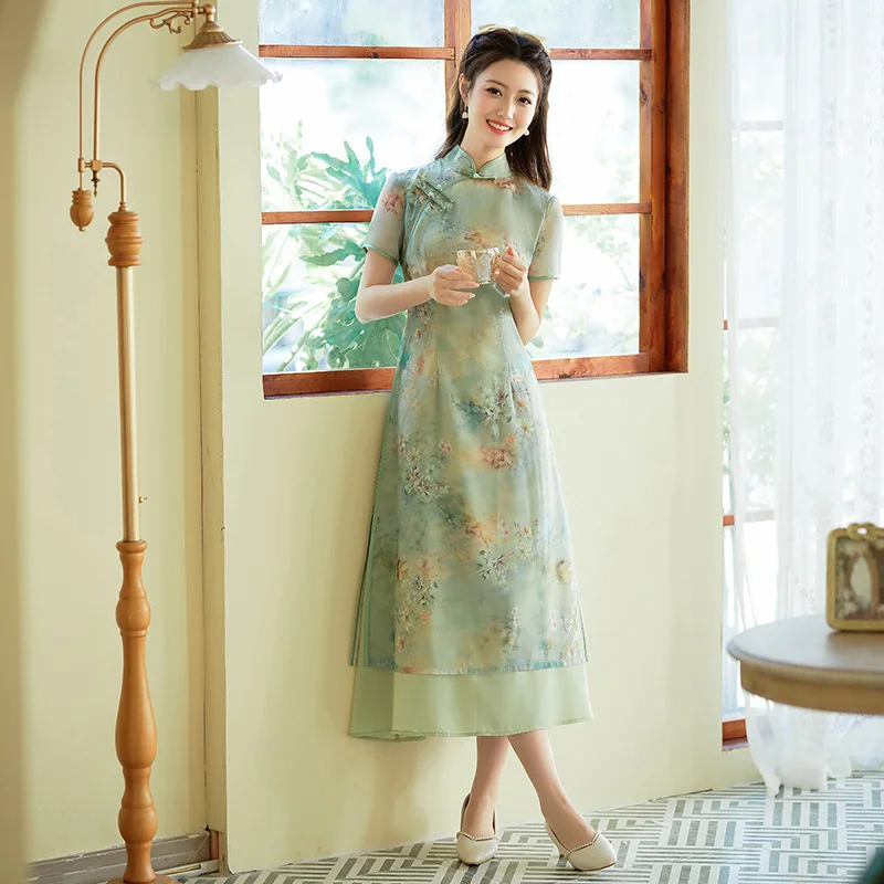 Customer Appreciation Sale (M-4Xl) Plus Size Oriental Floral Chiffon Qipao Midi Dress