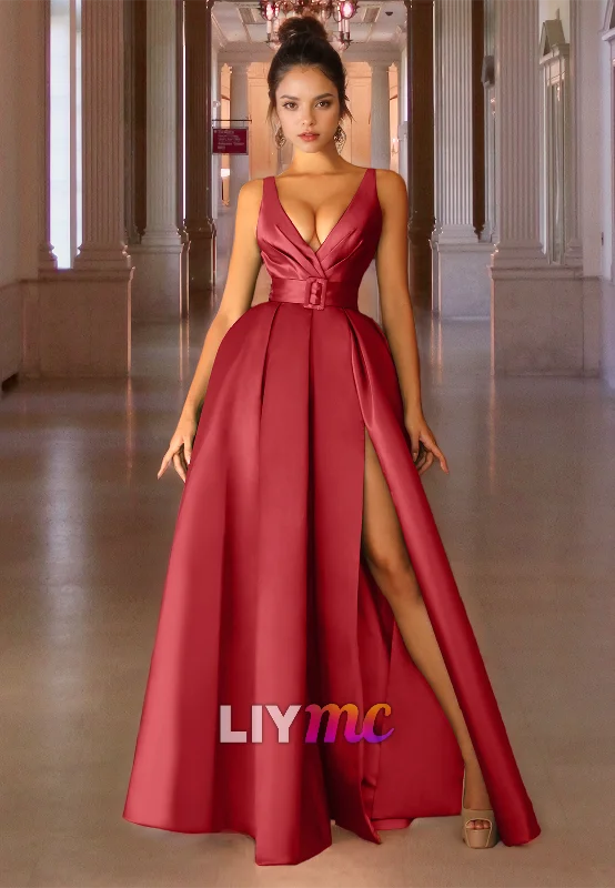 Mega Deal V-Neck Sleeveless Sleek Pleated Satin A-Line Simple Prom Dress