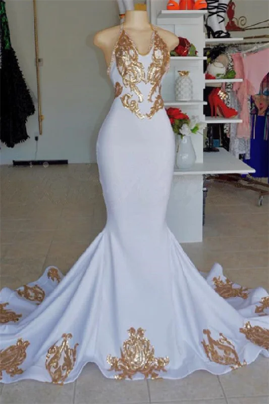 Today's Special Halter V-Neck Sleeveless Gold Appliques Prom Party Gowns