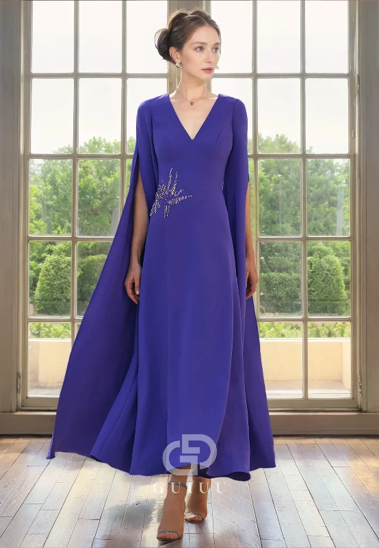 Closeout Sale A-Line V Neck Sleeves Beaded Tea Length Mother of Bride Dress