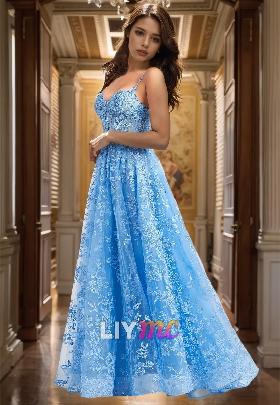 Massive Deals V-Neck Spaghetti Straps Sheer Appliques Tulle A-Line Prom Dress
