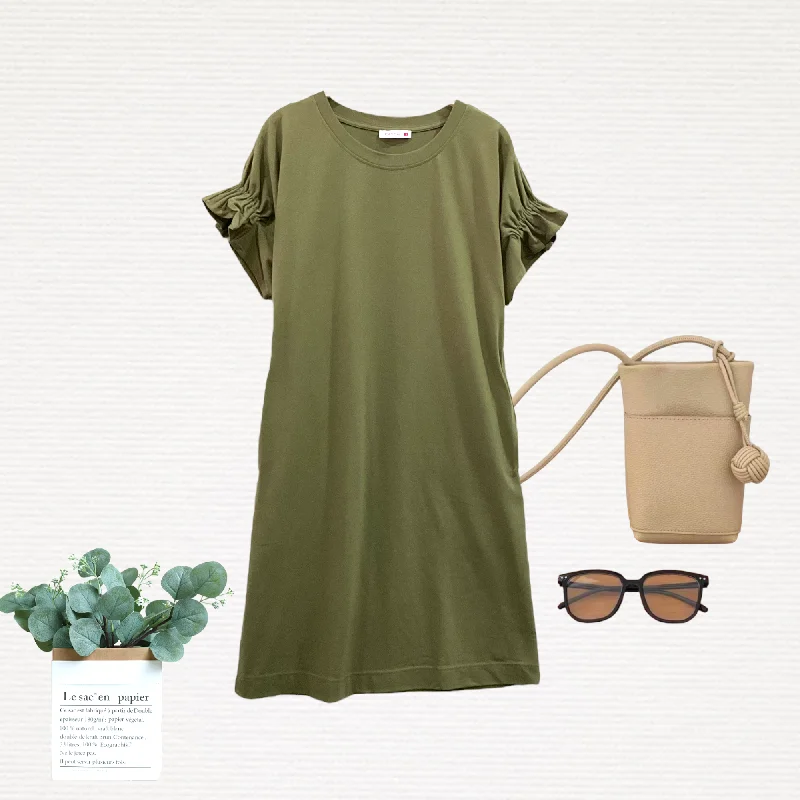Bargain Prices Patch Casual Short Sleeve Round Neck With Pocket Cotton Dress