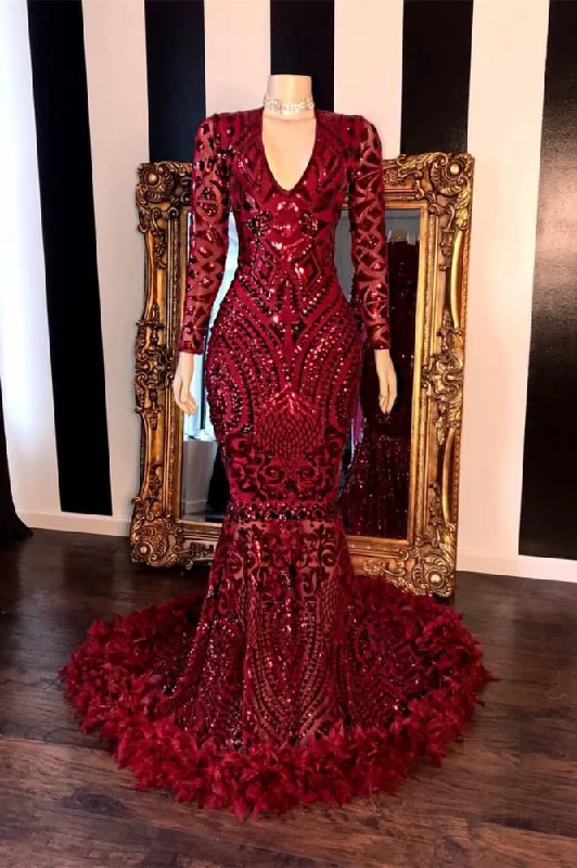 Big Discounts Long Sleevess V-neck Beading Patterns Long Mermaid Prom Gowns