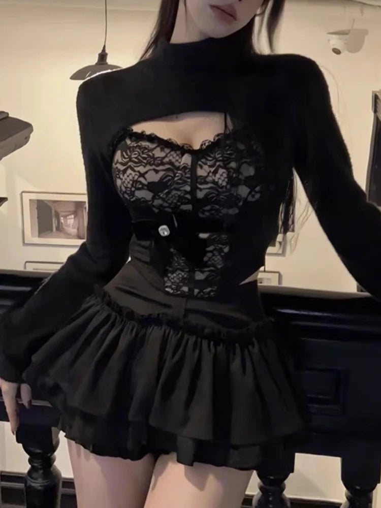 Exclusive Savings Znbbw Sexy 3 Piece Set Women Fashion Lace Design New Y2K Suit Female Long Sleeve Coat + Black Strapless +pleated Skirt Spring