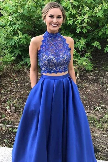 Unmissable Offer Two Piece Royal Blue High Neck Sleeveless Satin Floor Length Lace Prom Dresses N420