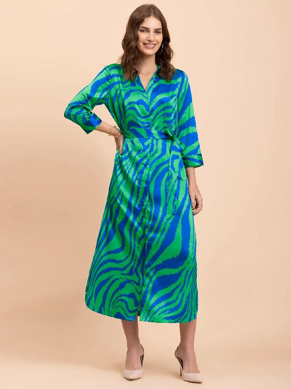 Markdowns Satin Animal Print A-Line Dress - Royal Blue and Green