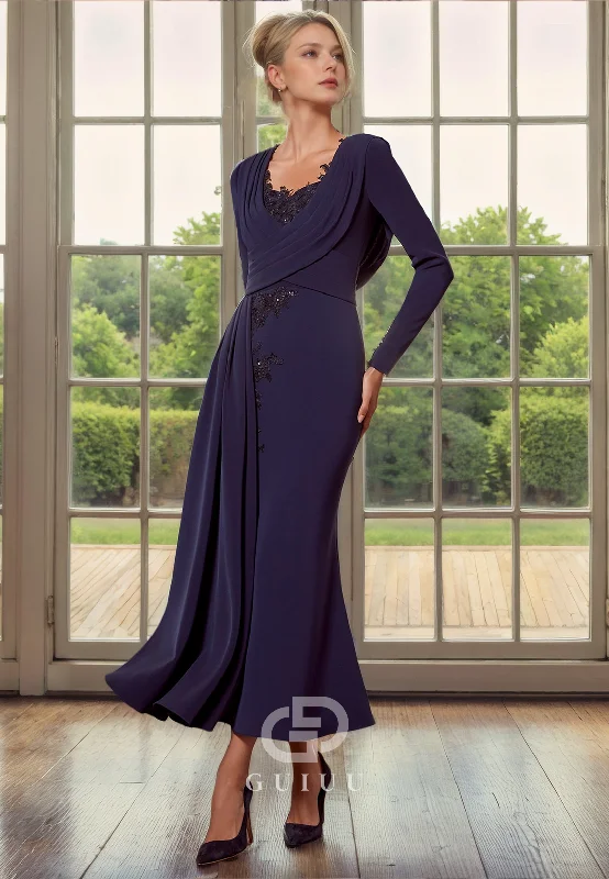 Price Drop Column Round Neck Long Sleeves Pleated Appliques Back Zipper Tea Length Chiffon Mother of Bride Dress