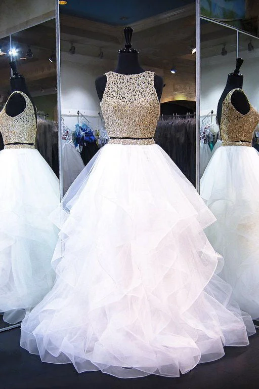 Final Markdown Two Piece Ruffles Sleeveless Floor Length Prom Dresses N433