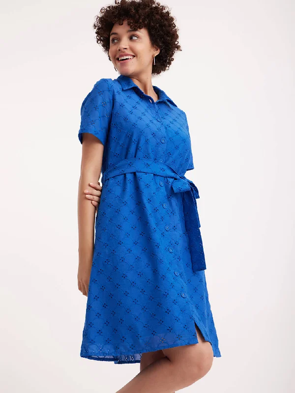 Season Finale Sale Cotton Schiffli Shirt Dress - Blue