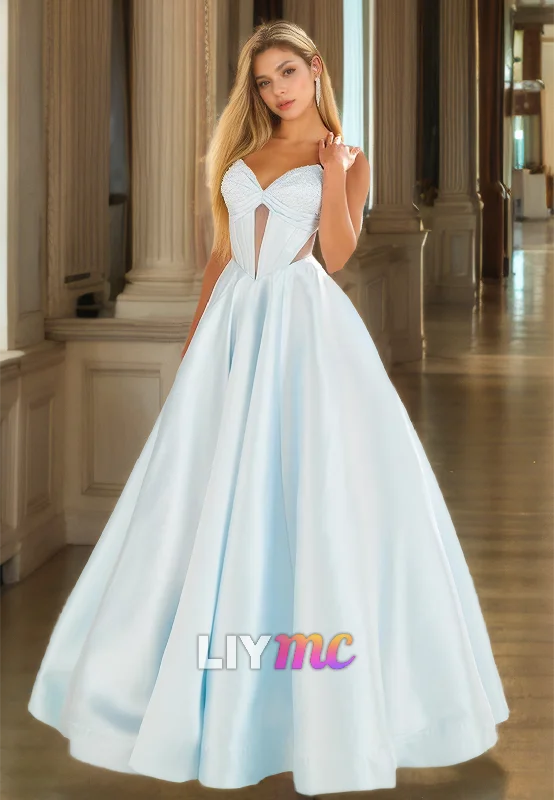 Weekend Flash Sale V-Neck Strapless Beaded Illusion Pleated Satin A-Line Prom Dress Weekend Flash Sale V-Neck Strapless Beaded Illusion Pleated Satin A-Line Prom Dress