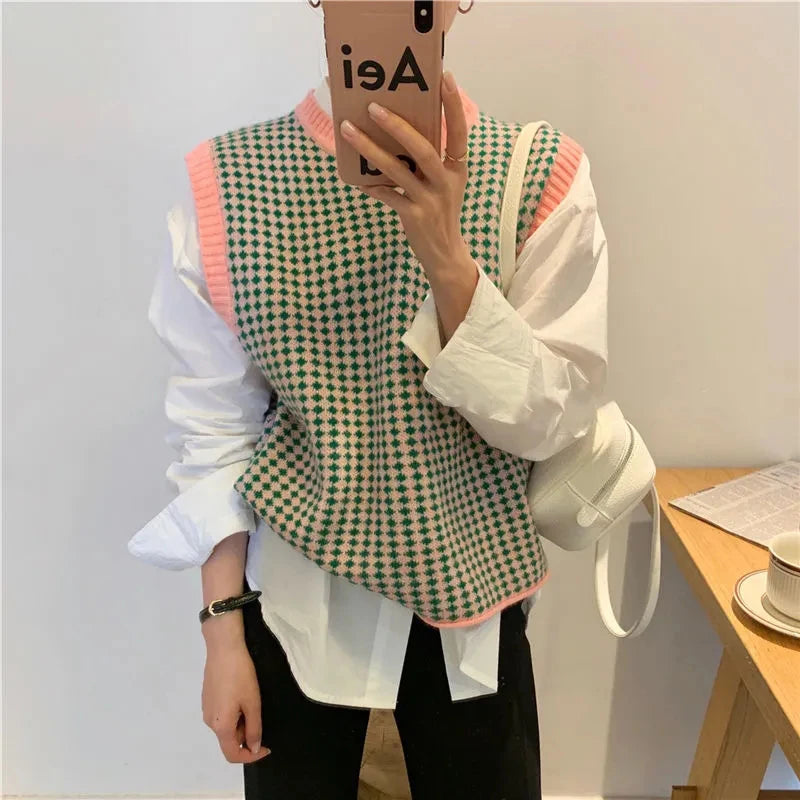 Closeout Sale Znbbw Plaid Sweater Vest Women Patchwork Sleeveless Knitted Waistcoat Korean O Neck Casual Knitwear Harajuku Jumpers Pullovers