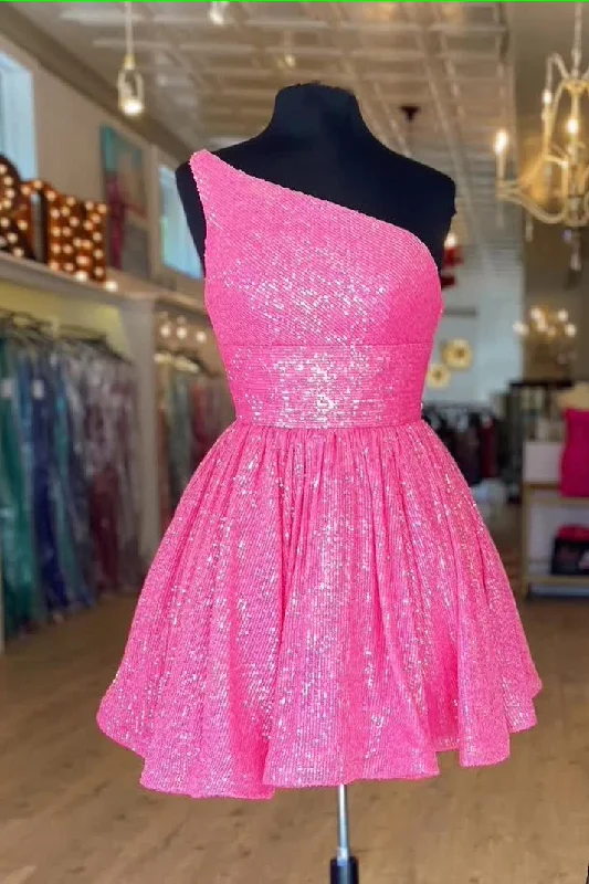 Blowout Sale Hot Pink Prom Dress One Shoulder A Line Short Homecoming Dress Sequins Blowout Sale Hot Pink Prom Dress One Shoulder A Line Short Homecoming Dress Sequins