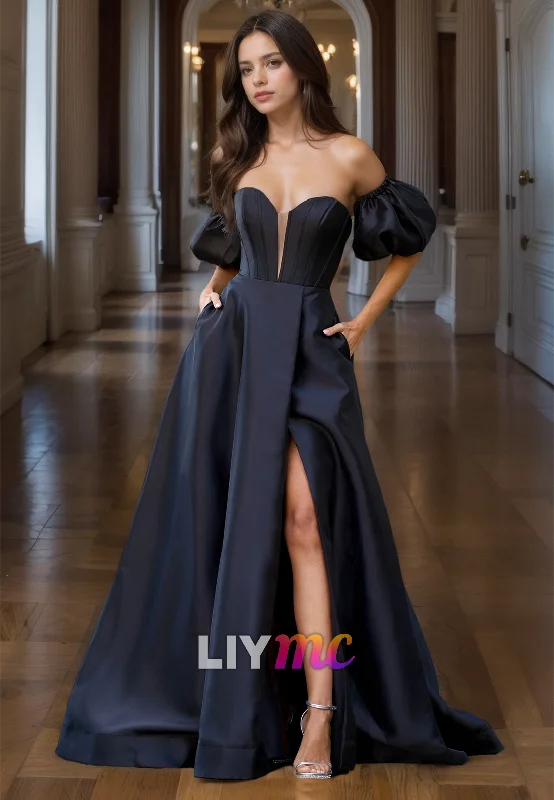 Early Bird Discount V-Neck Puff Sleeves Pleated Satin A-Line Prom Dress