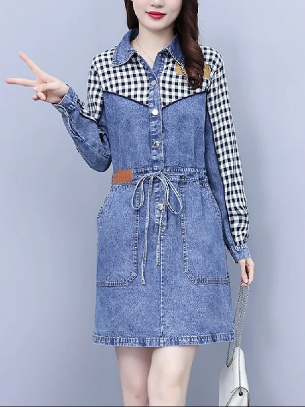 Don't Wait Plus Size Patchwork Long Sleeve Denim Shirt Dress