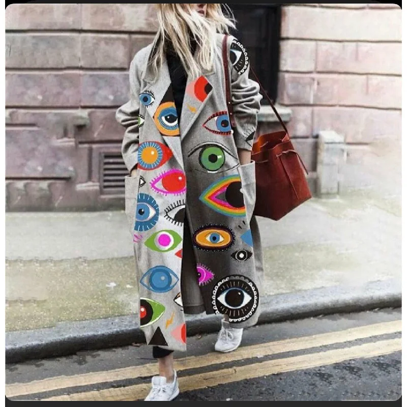 Super Deal Pockets Fashion Print Long Coat