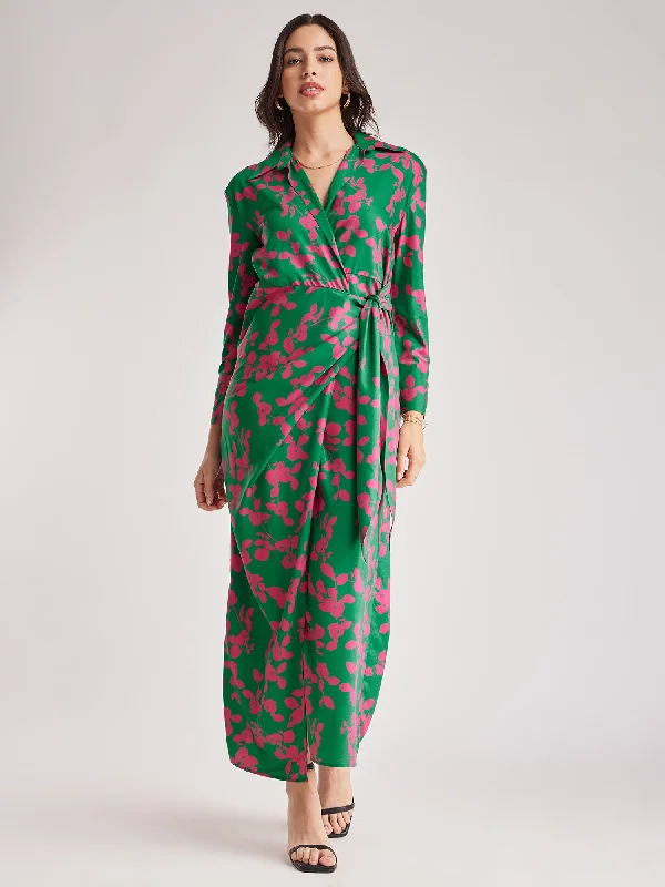 Huge Discounts Floral Print Wrap Dress - Green And Pink