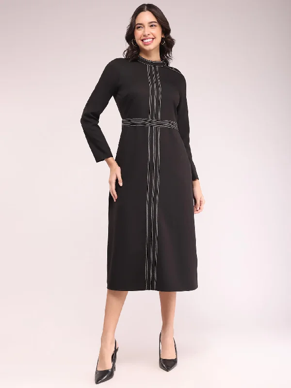Price Buster Round Neck Contrast Stitch Dress - Black