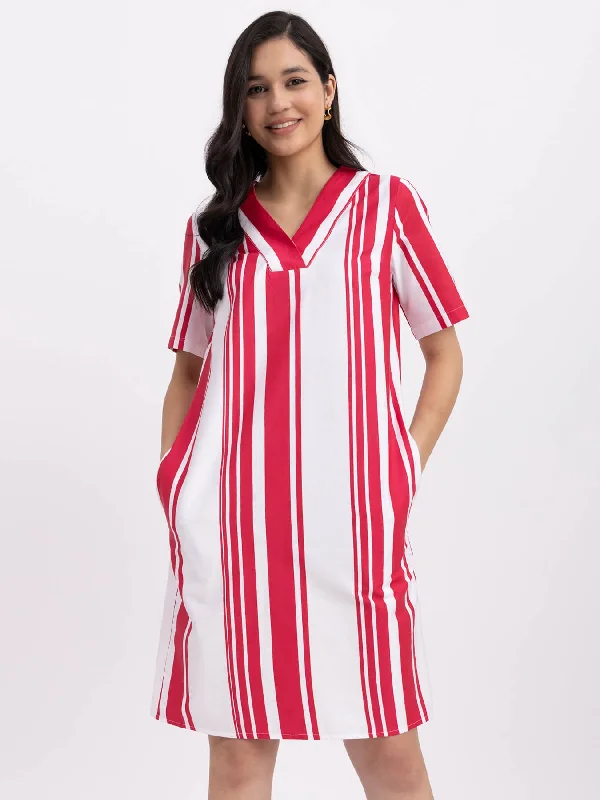 Best Bargains Cotton Striped Dress - Red And White