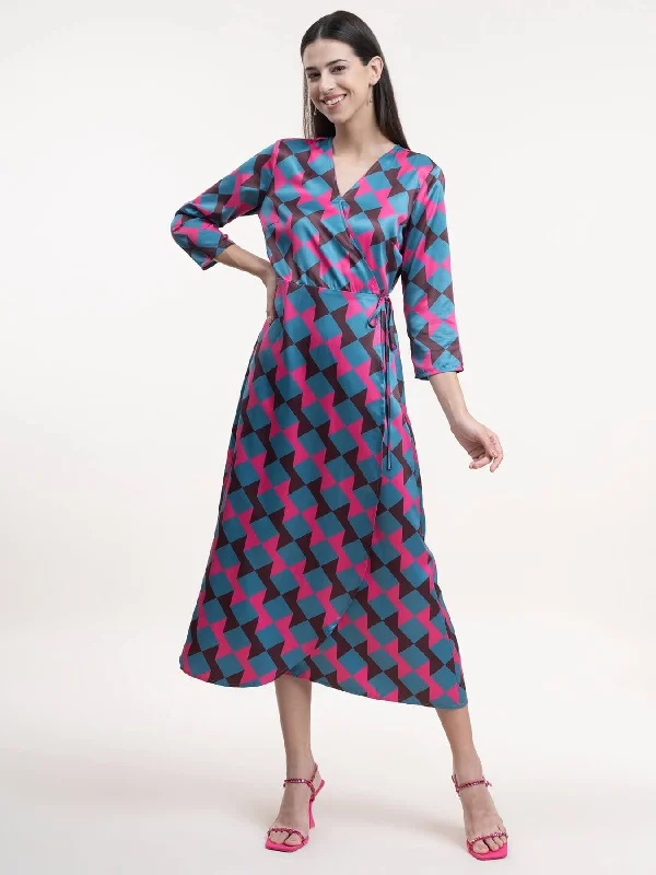 Exclusive Preview Satin Wrap A-Line Dress - Fuchsia and Teal