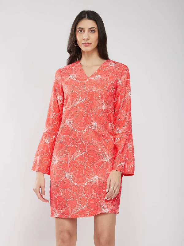 Factory Direct Sale Floral Print Shift Dress - Orange