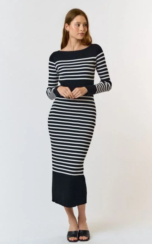 Massive Deals Lalavon- Stripe Boat Neck Knit Maxi Dress