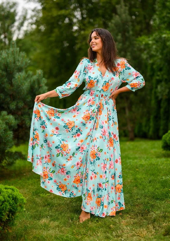 Stock Clearance Isabella Sky Blue Orange Flowers Dress