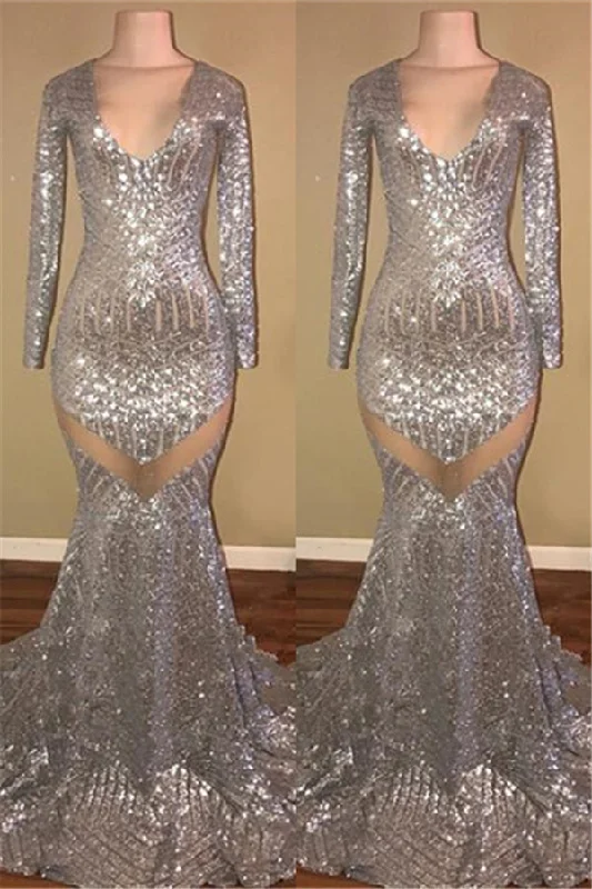 Reduced Prices Long Sleeves Sequins Prom Party Gowns| Mermaid V-Neck Evening Gowns Reduced Prices Long Sleeves Sequins Prom Party Gowns| Mermaid V-Neck Evening Gowns