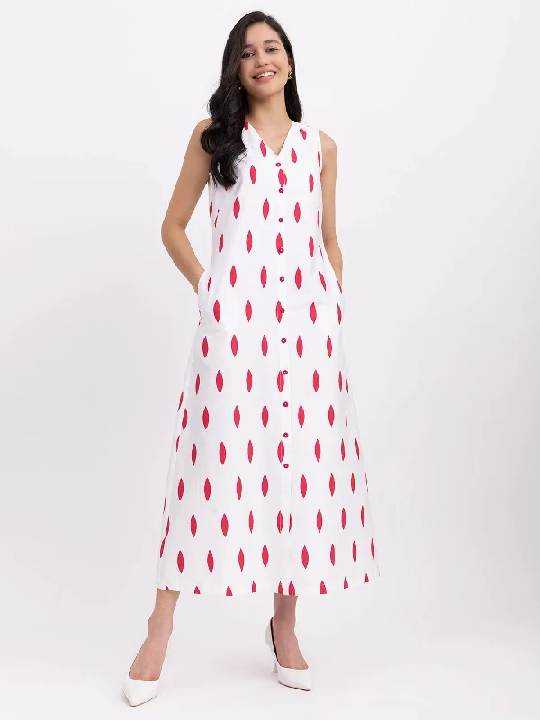 Huge Savings Cotton Geometric Print Dress - White And Red