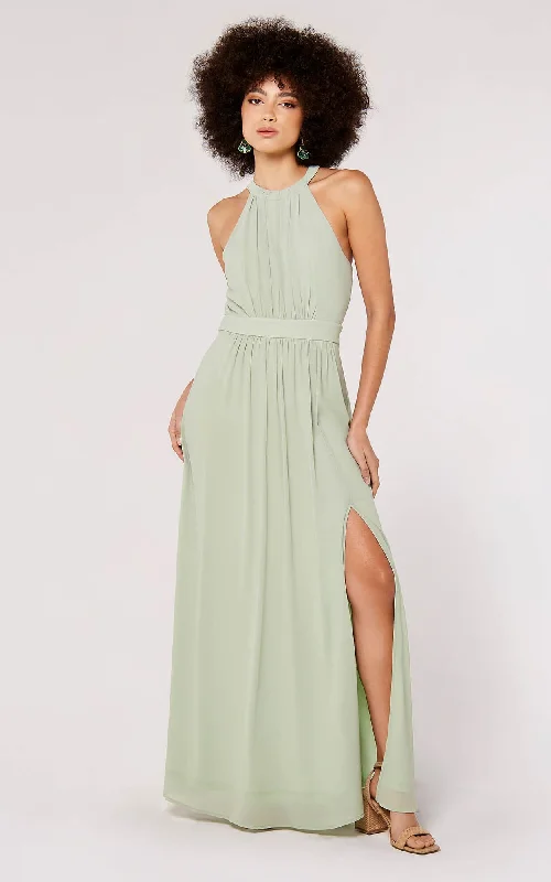 Final Markdown Apricot- Halter Pleat Chiffon Split Maxi Dress